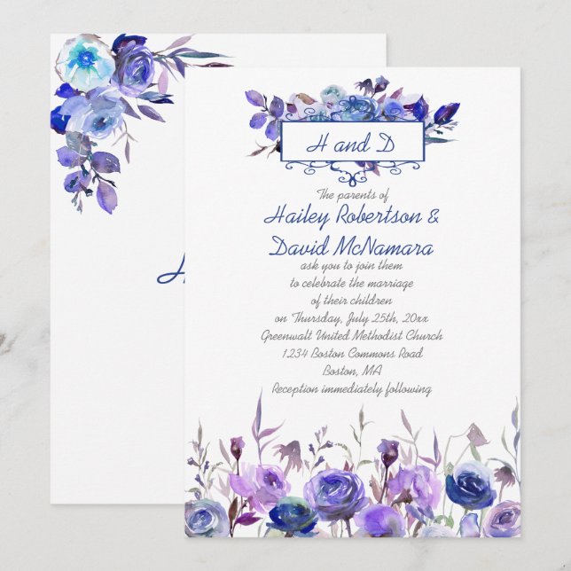 Invitación Boda de Rosas de la marina morada morada invita (Anverso / Reverso)