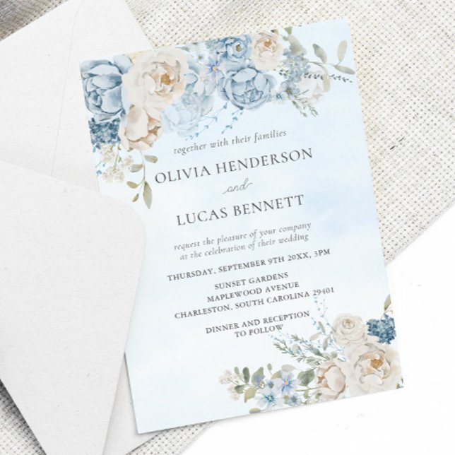 Invitación Boda de Rosas de las flores azul turbulentas de co (Subido por el creador)