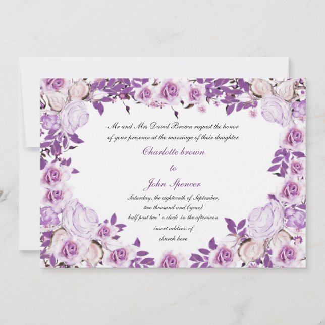 Invitación Boda de Rosas de lavanda púrpura en el marco del c (Anverso)