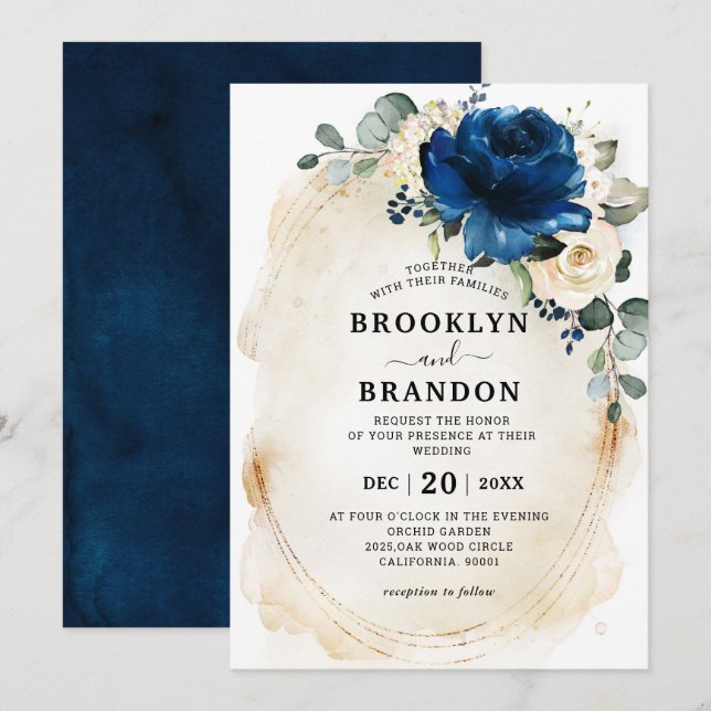 Invitación Boda de Rosas de marfil de Navy Gold White Champag (Anverso / Reverso)