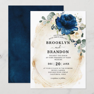 Invitación Boda de Rosas de marfil de Navy Gold White Champag