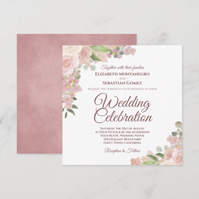 Invitación Boda de Rosas de Mauve rosa y acuarela de coral (Anverso / Reverso)