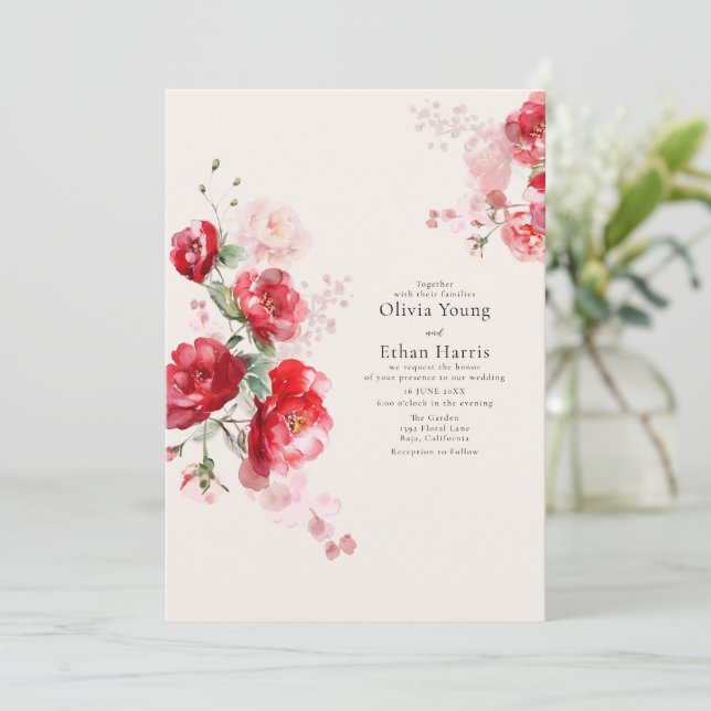 Invitación Boda de Rosas de papel rojo y rosa (Anverso de pie)