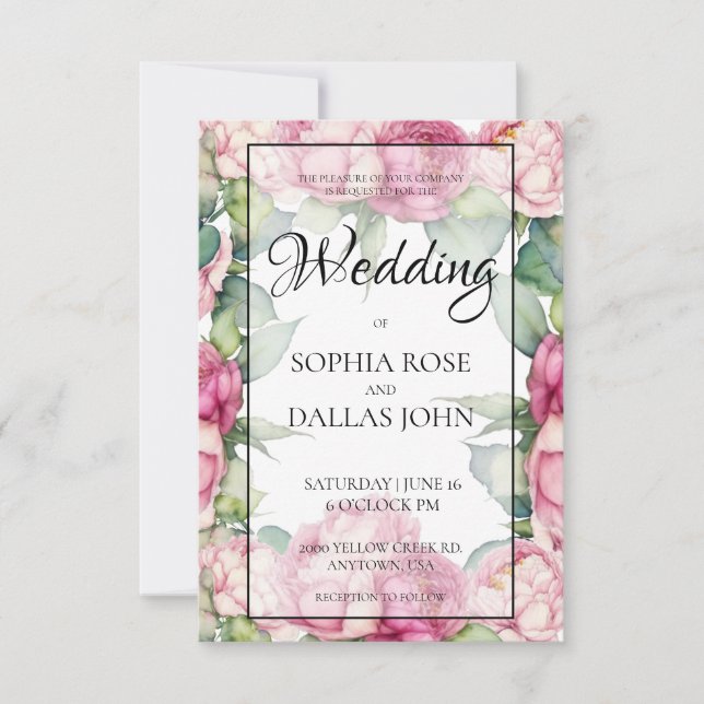 Invitación Boda de rosas de peonatos de flores rosadas de col (Anverso)