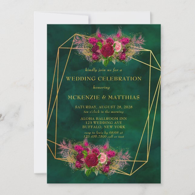 Invitación Boda de Rosas de peones rosados verde esmeralda (Anverso)