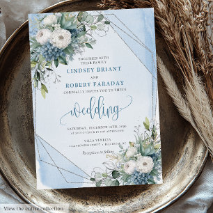 Invitación Boda de Rosas de plata blanca azul pastelera