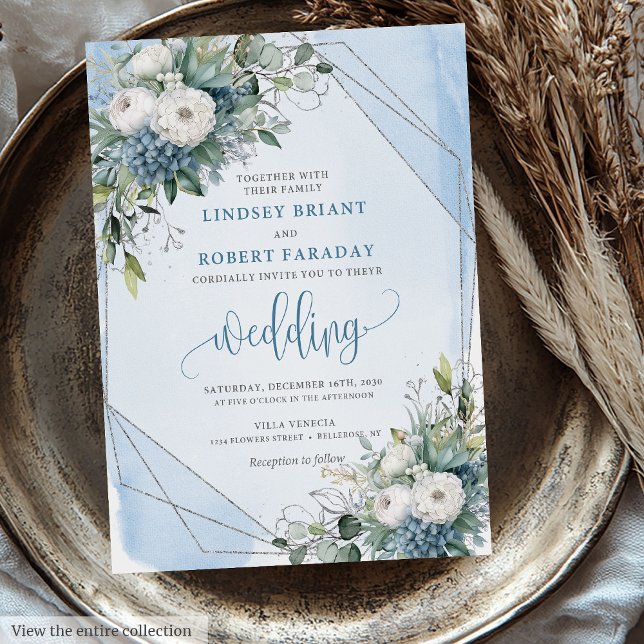 Invitación Boda de Rosas de plata blanca azul pastelera (Vintage Pastel Blue White Silver Roses Wedding Invitation)