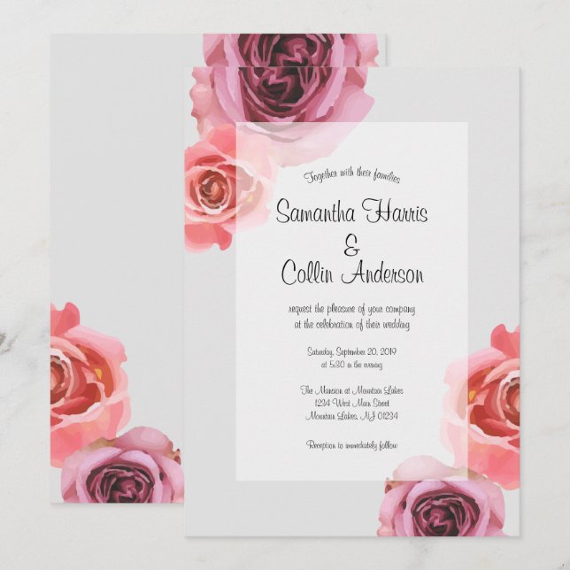 Invitación Boda de Rosas de Primavera Negrita y Púrpura (Anverso / Reverso)