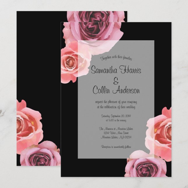 Invitación Boda de Rosas de Primavera Rosa y Morada (Anverso / Reverso)
