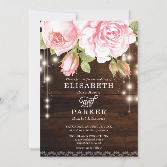 Invitación Boda de Rosas de Rustic Wood String Lights (Anverso)