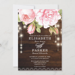 Invitación Boda de Rosas de Rustic Wood String Lights