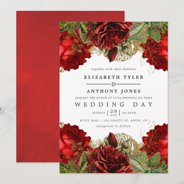 Invitación Boda de Rosas de Shabby rojo y dorado borgoña (Anverso / Reverso)
