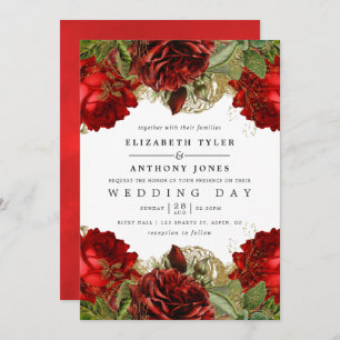 Invitación Boda de Rosas de Shabby rojo y dorado borgoña