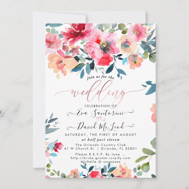 Invitación Boda de Rosas del Watercolor Rojo Ombre Garden (Anverso)