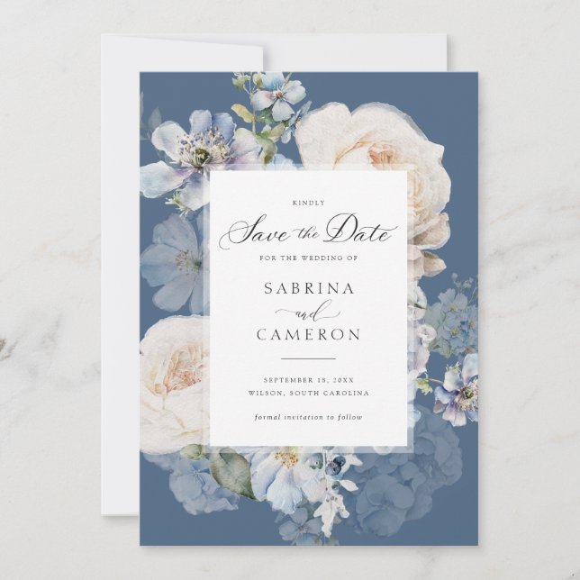 Invitación Boda de Rosas elegantes de Floral azul turquesa (Anverso)