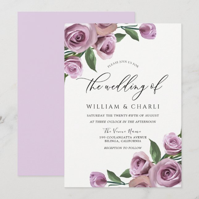 Invitación Boda de Rosas elegantes de Lavanda Púrpura (Anverso / Reverso)