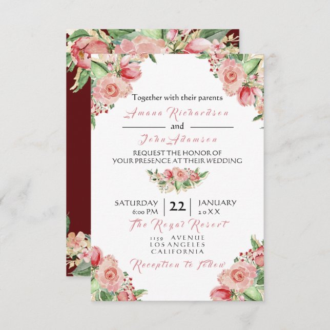 Invitación Boda de Rosas florales de Pink Rose Creamy Marsala (Anverso / Reverso)