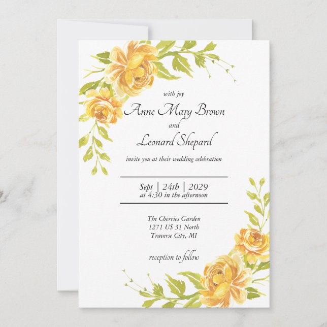 Invitación Boda de Rosas florales, elegantes amarillos y Nara (Anverso)