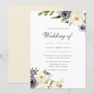 Invitación Boda de Rosas florales elegantes de White & Navy