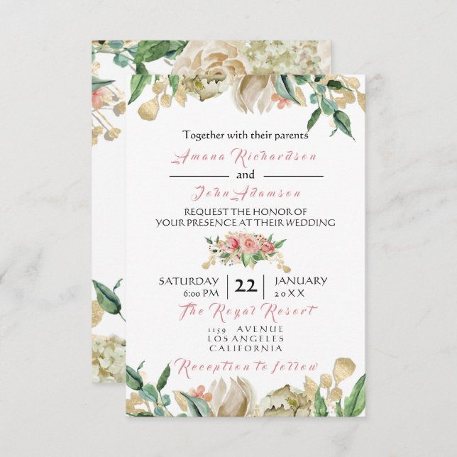 Invitación Boda de Rosas Florales en Oro Rosa Champaigne (Anverso / Reverso)