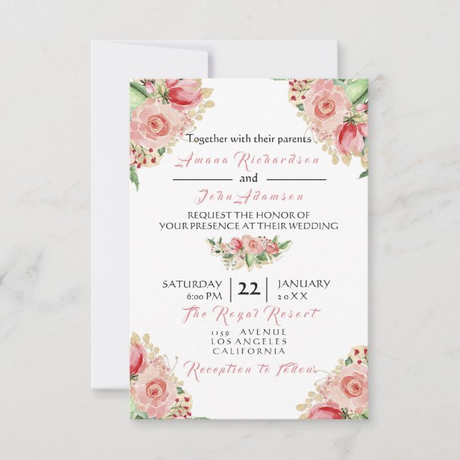 Invitación Boda de Rosas florales pintados con crema rosa ros (Anverso)