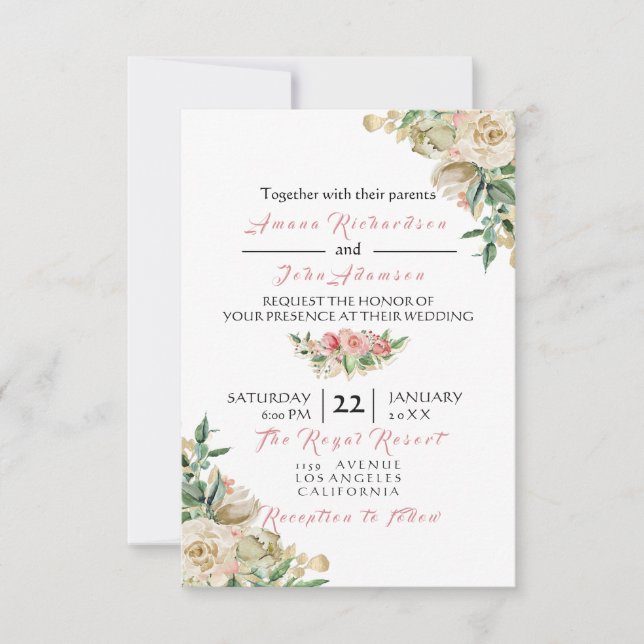 Invitación Boda de Rosas florales rosados de marfil y creamy (Anverso)