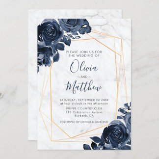 Invitación Boda de Rosas geométricos de oro azul de mármol