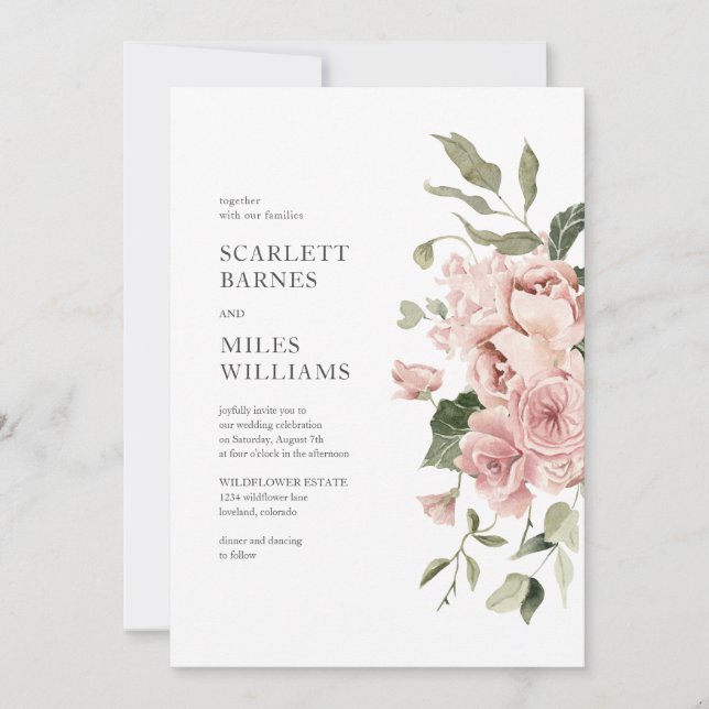 Invitación Boda de Rosas Modernas Románticas Rosadas (Anverso)
