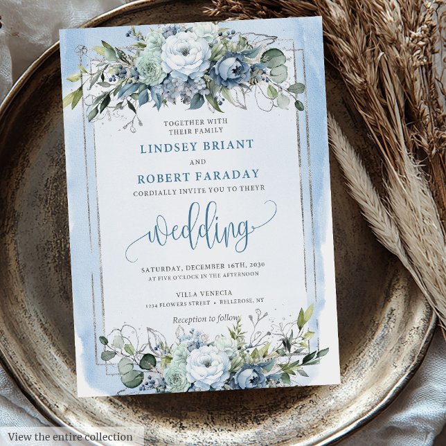 Invitación Boda de Rosas modernos de Boho Dusty Blue Silver (Modern Boho Dusty Blue White Silver Roses Wedding Invitation)