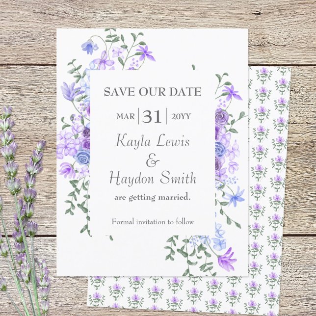 Invitación Boda de Rosas morados y azules claros salva la fec (lavender and dusty blue floral SAVE OUR DATE wedding card for a light purple springtime theme)