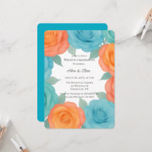 Boda de rosas naranjas y azul turquesa al acuarela