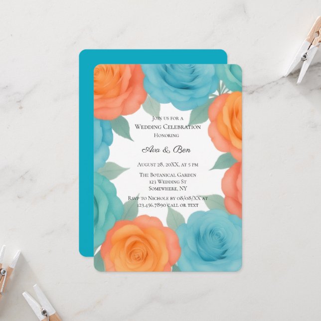 Invitación Boda de rosas naranjas y azul turquesa al acuarela (Anverso/Reverso In Situ)