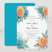 Boda de rosas naranjas y azul turquesa al acuarela