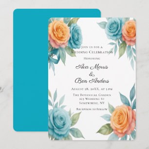 Invitación Boda de rosas naranjas y azul turquesa al acuarela