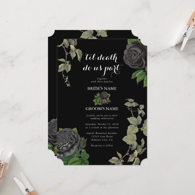 Invitación Boda de Rosas negros en Halloween gótico (Anverso/Reverso In Situ)