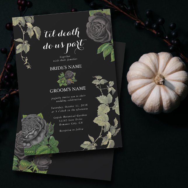 Invitación Boda de Rosas negros en Halloween gótico (Gothic Halloween Black Roses Wedding Invitation)