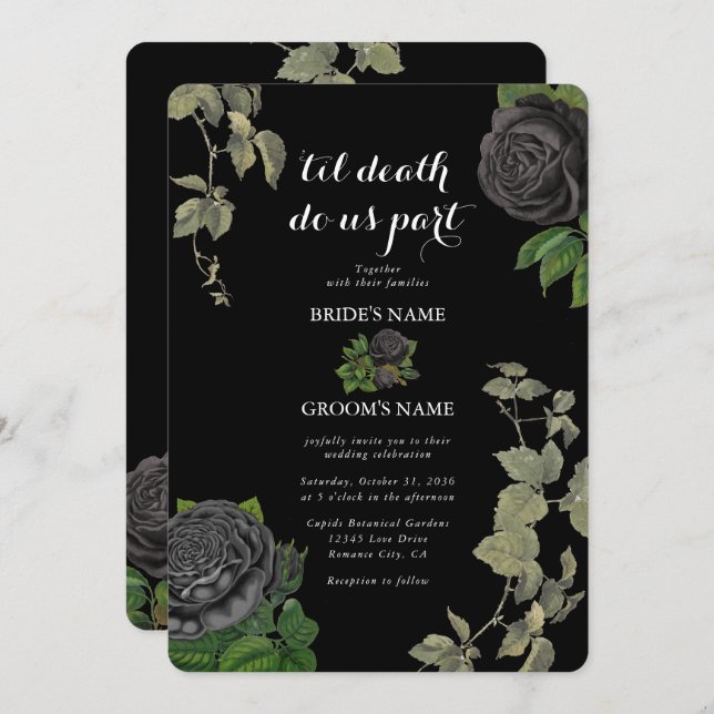 Invitación Boda de Rosas negros en Halloween gótico (Anverso / Reverso)
