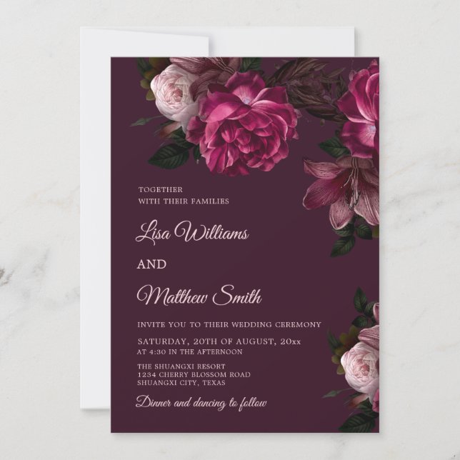 Invitación Boda de Rosas Oscuras Dibujadas a Mano Románticas (Anverso)