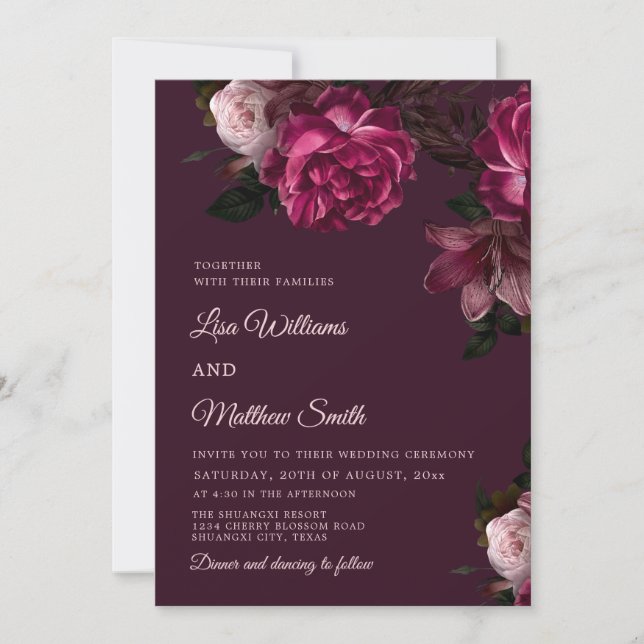 Invitación Boda de Rosas Oscuras Románticas Dibujadas a Mano (Anverso)