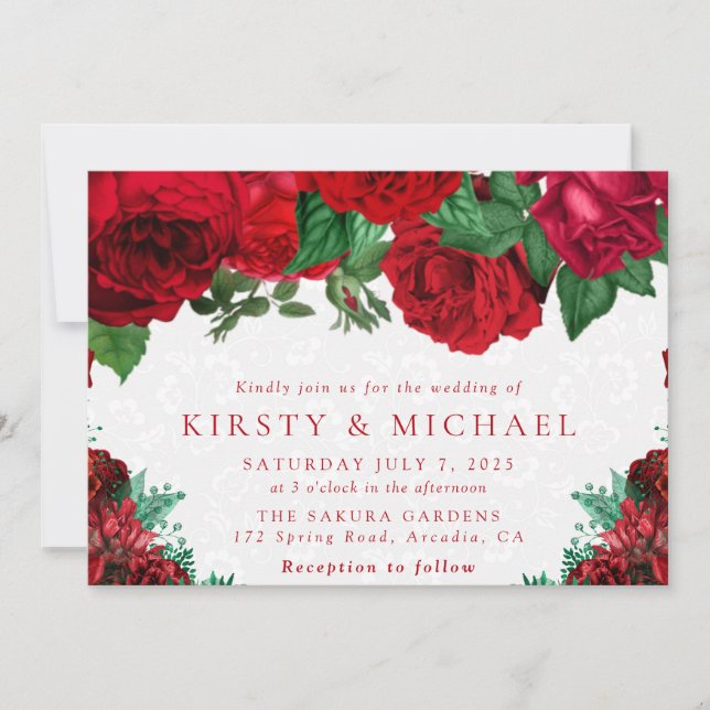 Invitación Boda de rosas rojas acuarela (Anverso)