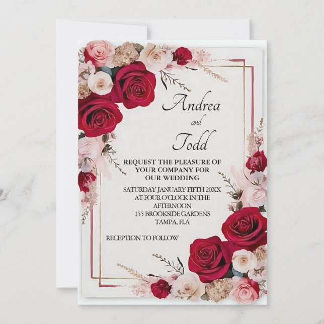 Invitación Boda de rosas rojas al agua (Anverso)