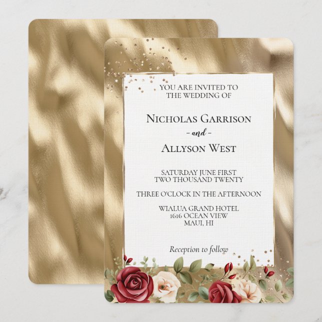 Invitación Boda de rosas rojas crema de oro de champán (Anverso / Reverso)