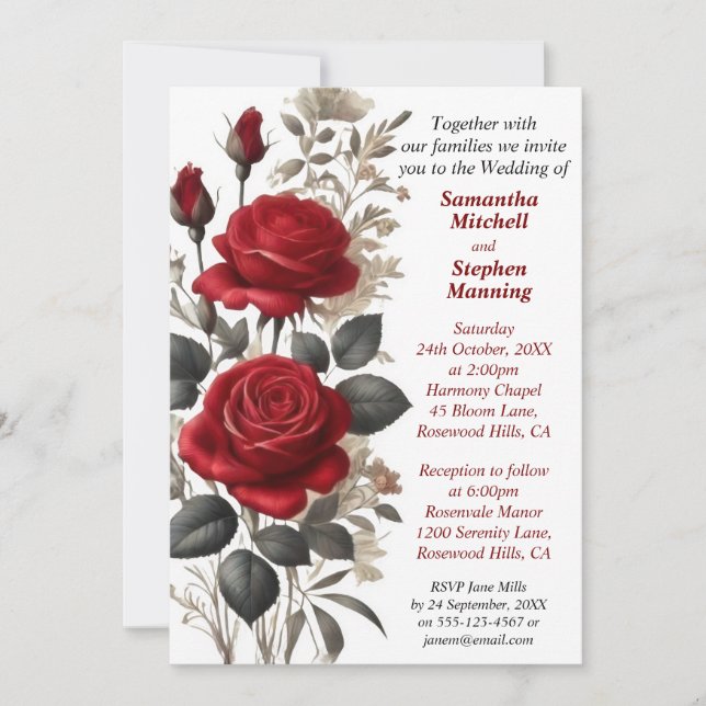 Invitación Boda de rosas rojas de época (Anverso)
