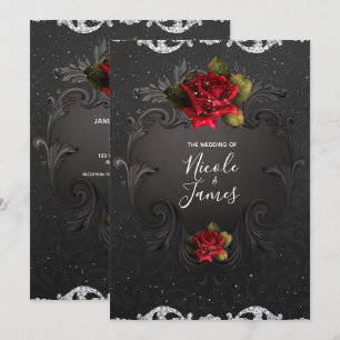 Invitación Boda de Rosas Rojas Ornamentales Vintage Negras