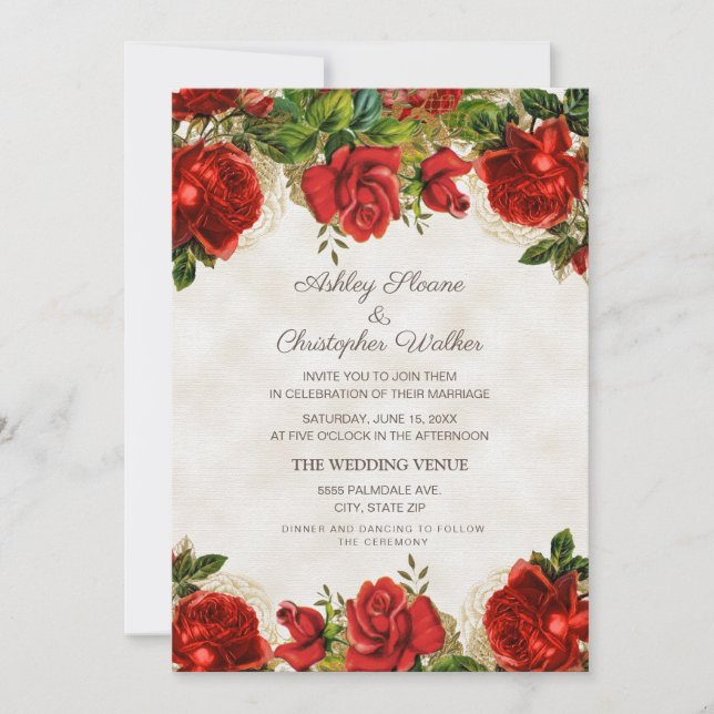 Invitación Boda de Rosas Rojas Vintage Elegantes (Anverso)