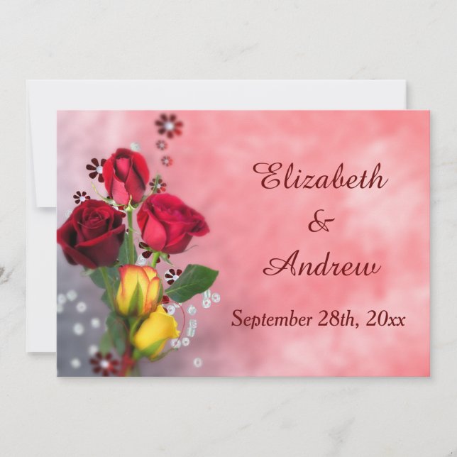 Invitación Boda de rosas rojas y amarillas chic (Anverso)