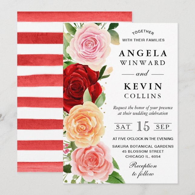Invitación Boda de rosas rojas y naranjas acuarela (Anverso / Reverso)