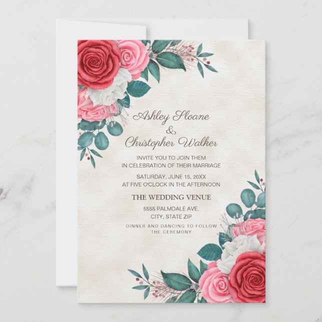 Invitación Boda de rosas rojas y rosadas elegantes (Anverso)
