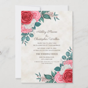 Invitación Boda de rosas rojas y rosadas elegantes