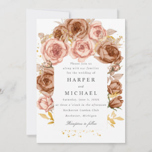 Invitación boda de rosas rosa rosa de color marrón dorado